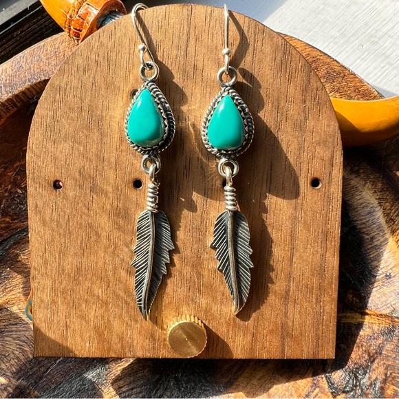 Turquoise & Sterling Feather Dangle Earrings | 925 Sterling Silver - Picture 4 of 9